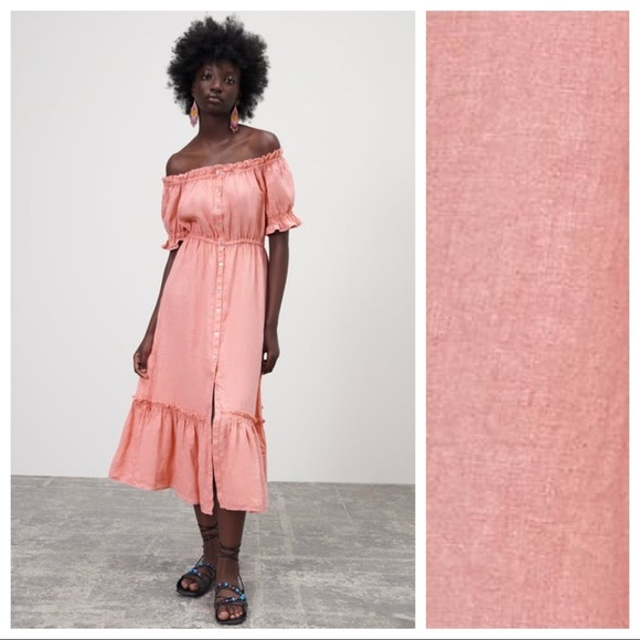 NWT. Zara Pink Linen Ruffled Cold Shoulders Midi Dress. Size S. - Picture 1 of 11
